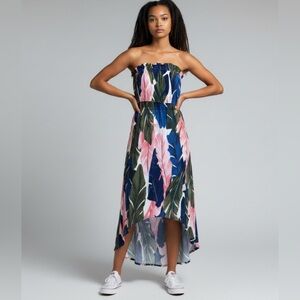 VENUS Vibrant Size L Tropical Leaf Print Maxi Summer dress luau strapless